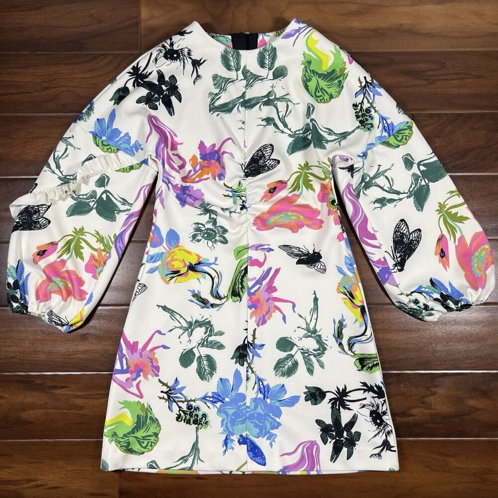 Tibi Women's Size‎ 2 ? White Floral Ruffle Sleeve Open Back Toni Dress